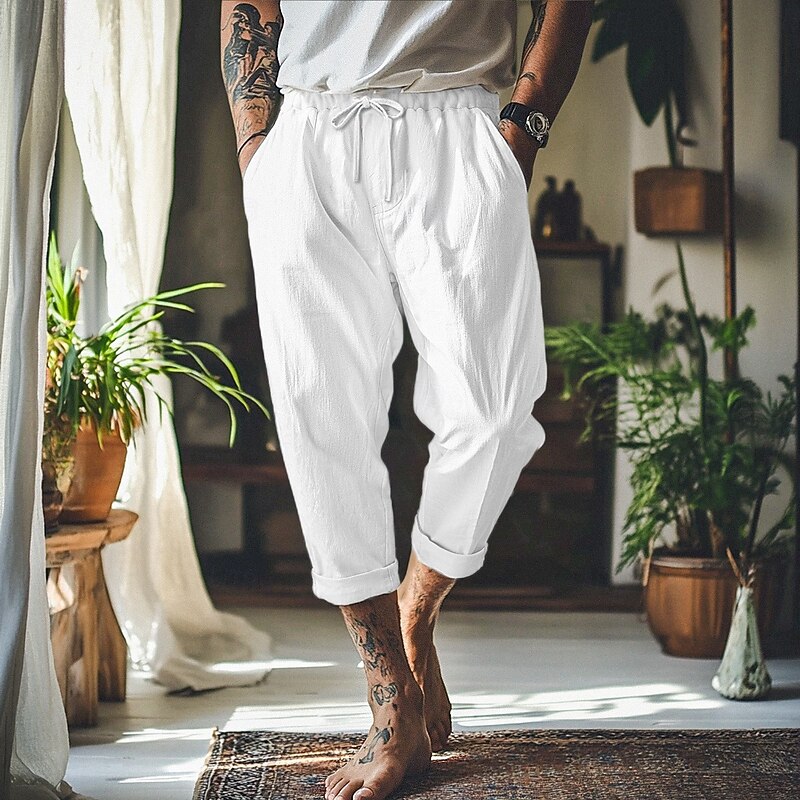 Men's Linen Pants Trousers Summer Pants Baggy Pants Beach Pants Front Pocket Pleats Straight Leg Plain Comfort Breathable Full Length Outdoor Vacation Party Vacation Fashion Loose Fit Black White4