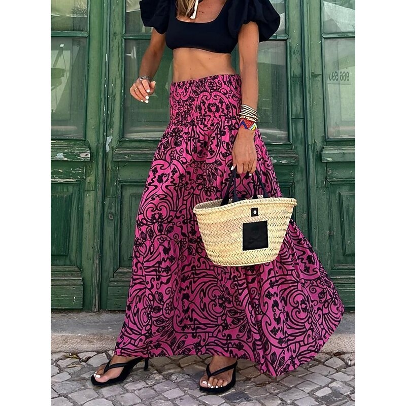 Women's Skirt Maxi Skirt A Line Swing Bohemia Casual Maxi High Waist Skirts Floral Pocket Print Micro-elastic Street Daily Pink Fuchsia Summer Polyester Cotton Blend3