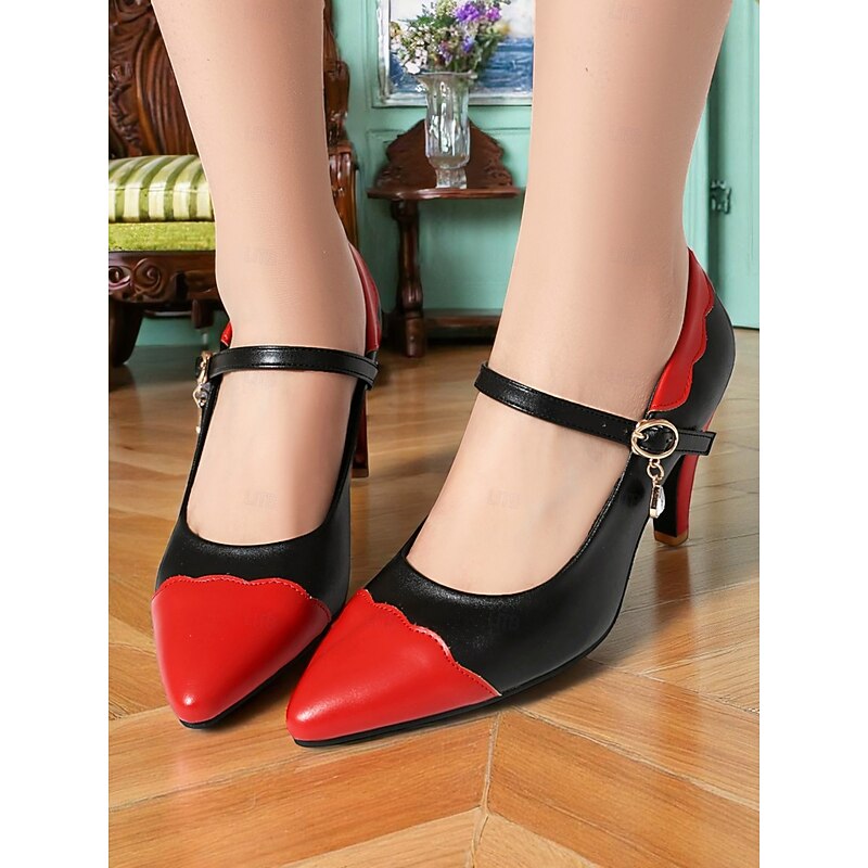 Women's Black and White Mary Jane Heels with Teardrop Charm – Vintage-Inspired Pointed Toe Pumps for 1930s Retro Outfits, Office Wear, and Formal Events
