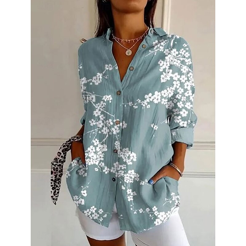 Women's Shirt Button Down Tunic Shirt Collar Long Sleeve Floral Graphic Daily Stylish Casual Regular Tops Work Daily s Print White Blue Green Spring2