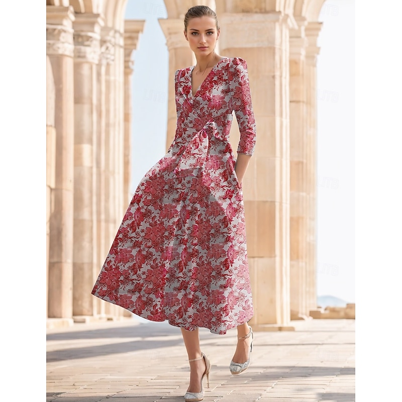Jacquard Floral A-Line Cocktail Dresses Elegant Formal Wedding Ankle Length Half Sleeve V Neck Nylon Print Slit Pocket Wedding Guest Dress