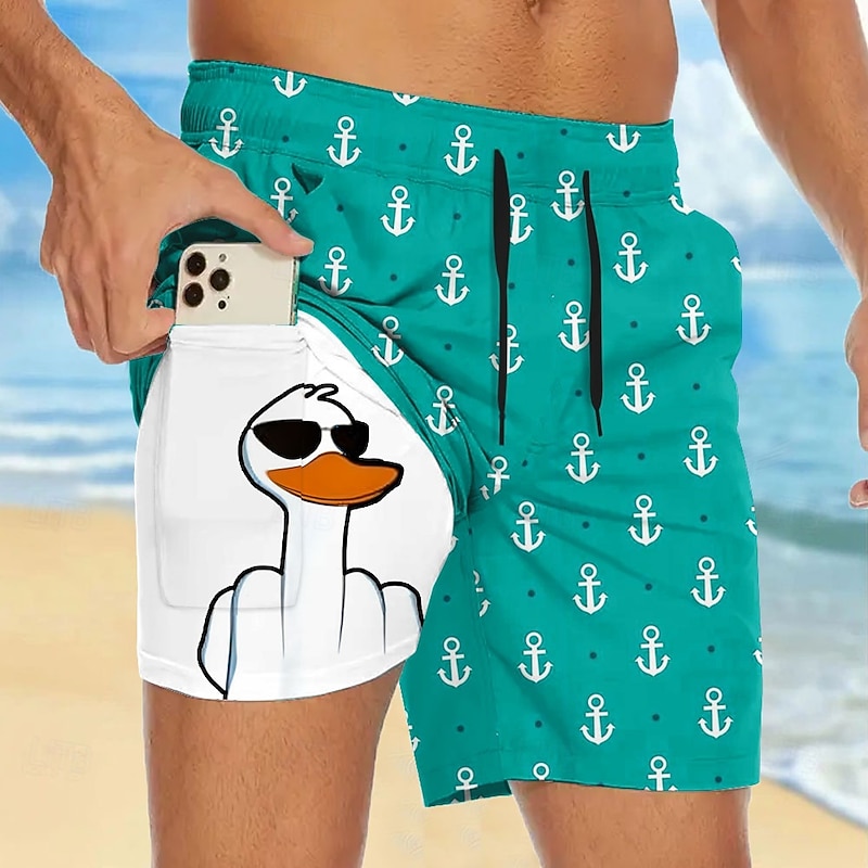 Men's Anchor Funny Duck Lined Shorts 2 in 1 Board Shorts Swim Shorts Mid Waist Hawaiian Vacation Holiday Beach Wear Side Pockets With Compression Liner Elastic Drawstring Waist Designer Clothing3