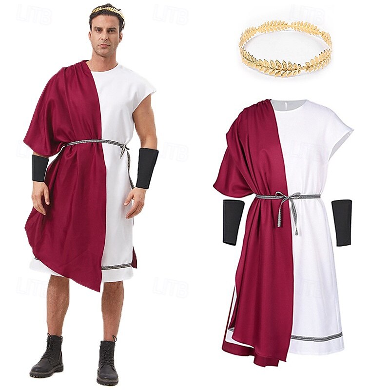 Ancient Greek Ancient Rome Above Knee Tunic Laurel Crown Toga Costume Gladiator Round Neck Fancy Dress Men's Halloween Carnival Performance Adults' Shirt Belt Headband All Seasons