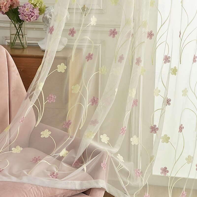 2Pcs Rural Style Floral Embroidery Window Screen Living Room Bedroom Dining Room Study Semi Transparent Curtains