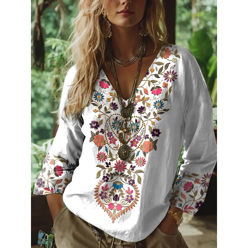 Women's Blouse Floral Graphic Paisley Bohemia Vintage Tropical 3/4 Length Sleeve V Neck Regular Tops Ruched Embroidered Print Black White Summer Spring