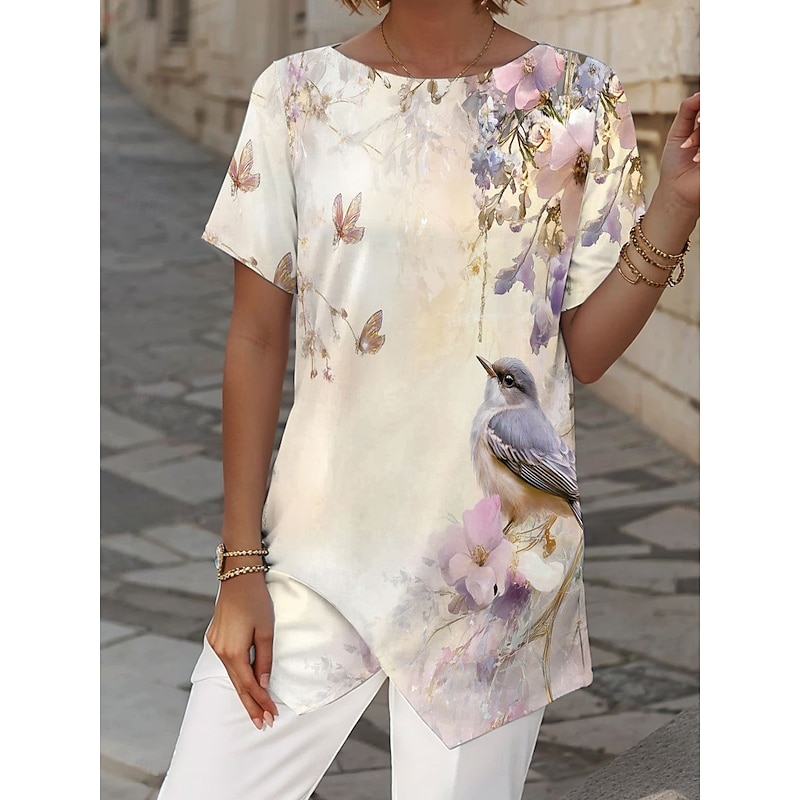 Women's Blouse Asymmetrical Hem Floral Graphic Stylish Beach Short Sleeve Crew Neck Regular Tops Daily Print Black White Pink Blue Summer Spring Fall3