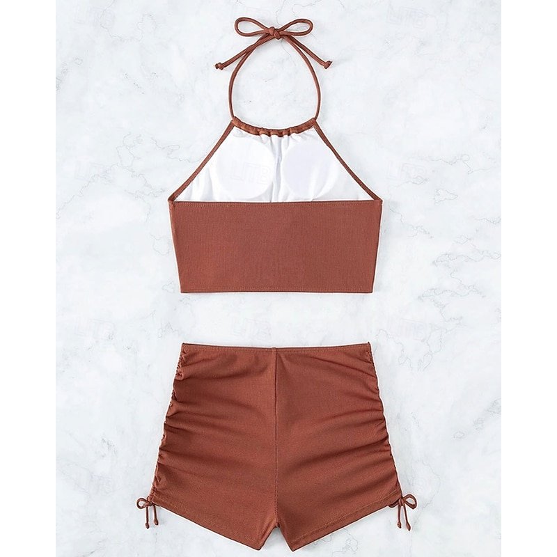 Women's Swimwear Bikini 2 Piece Swimsuit Backless Beach Wear Summer Solid Color Halter Neck Sleeveless Bathing Suits3