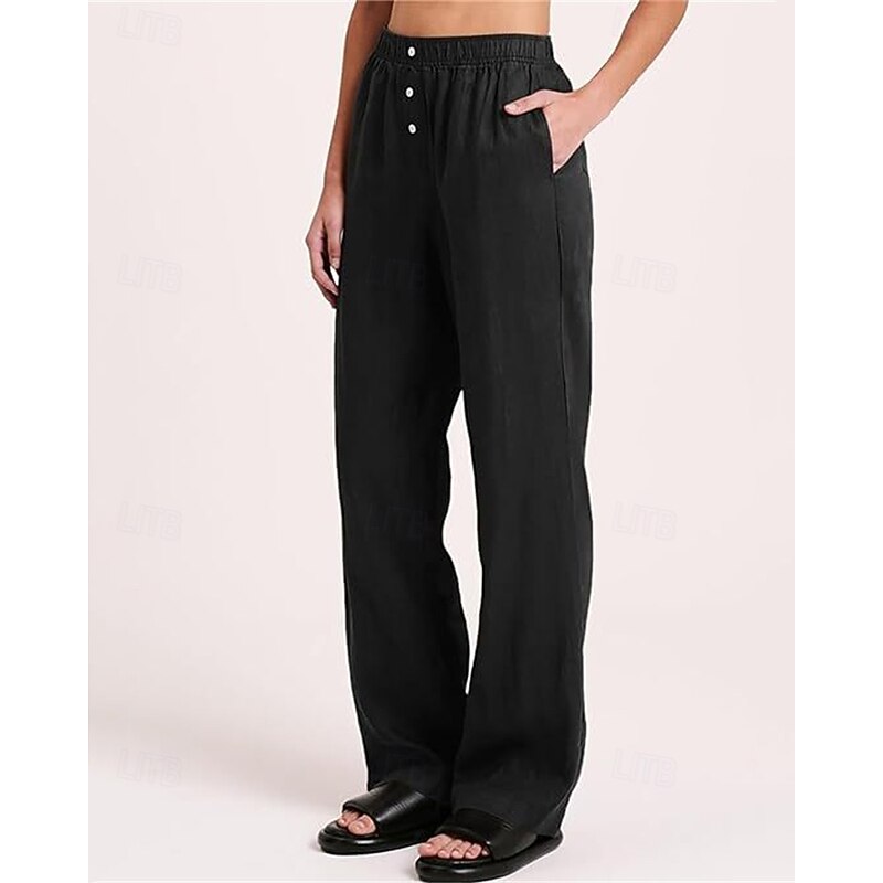 Women's Cotton Linen Pants Palazzo Pants Fashion Streetwear Comfort Full Length Mid Waist Plain Pocket Elastic Waist Comfy Outdoor Comfortable Street Daily Wear Going out Apricot Black Brown Army3