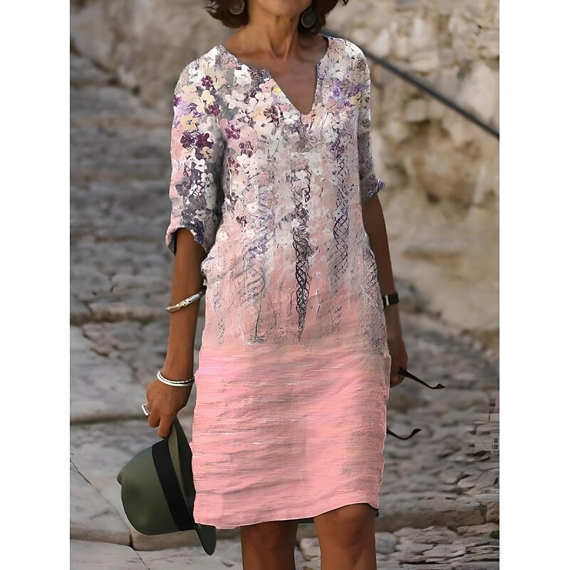 Women's Mini Dress Shift Dress Casual Daily Loose Fit Floral Graphic Short Sleeve Notched Neck Pink Blue Green Summer Spring2