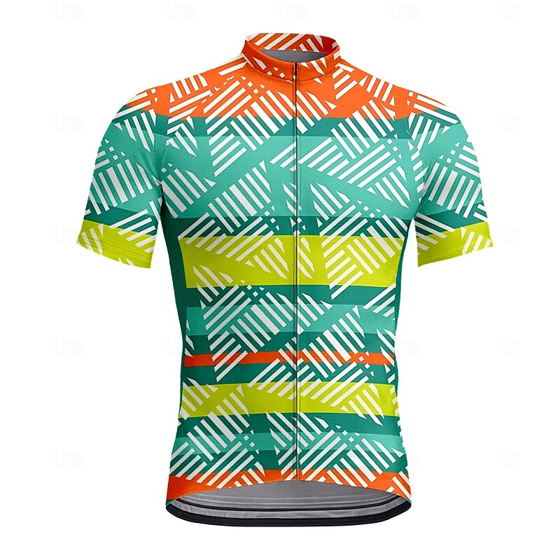 Men's Cycling Jersey Graphic Geometric Short Sleeve Bike Tee Tshirt Jersey Top with 3 Rear Pockets UV Resistant Quick Dry Front Zipper Reflective Strips Sports Green Clothing Apparel