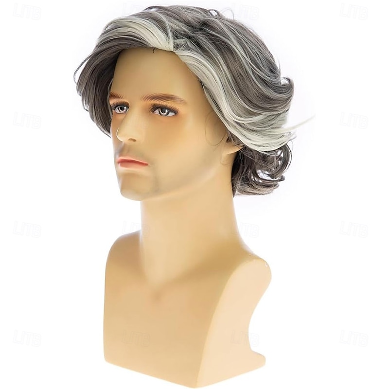 Mens Grey Wigs Short Curly Gray Layered Wig Halloween Cosplay Anime Costume Party4