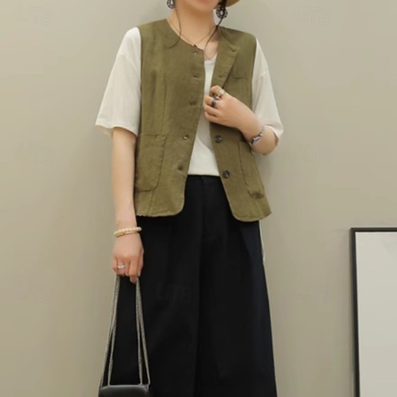 Women's Linen-Inspired Shirts Plain Active Casual Sleeveless Crew Neck Regular Tops Daily Holiday Going out Buttons Pocket Black Green Apricot Summer4