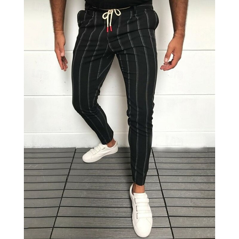 Men's Dress Pants Skinny Trousers Chinos Buttons Pocket Striped Comfort Formal Party Work Fashion Classic Style Black White Micro-elastic2