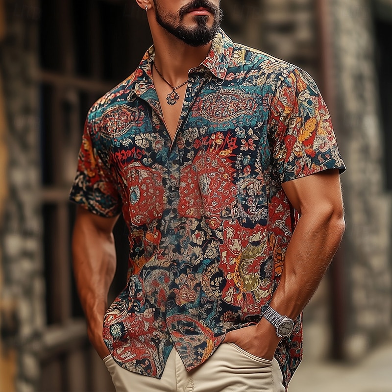 Men's Indian Boho Shirt Summer Hawaiian Shirt Button Up Shirt Short Sleeve Hawaiian Vacation Holiday Beach Wear Summer Spring Turndown 3D Print Collared Shirts Blue