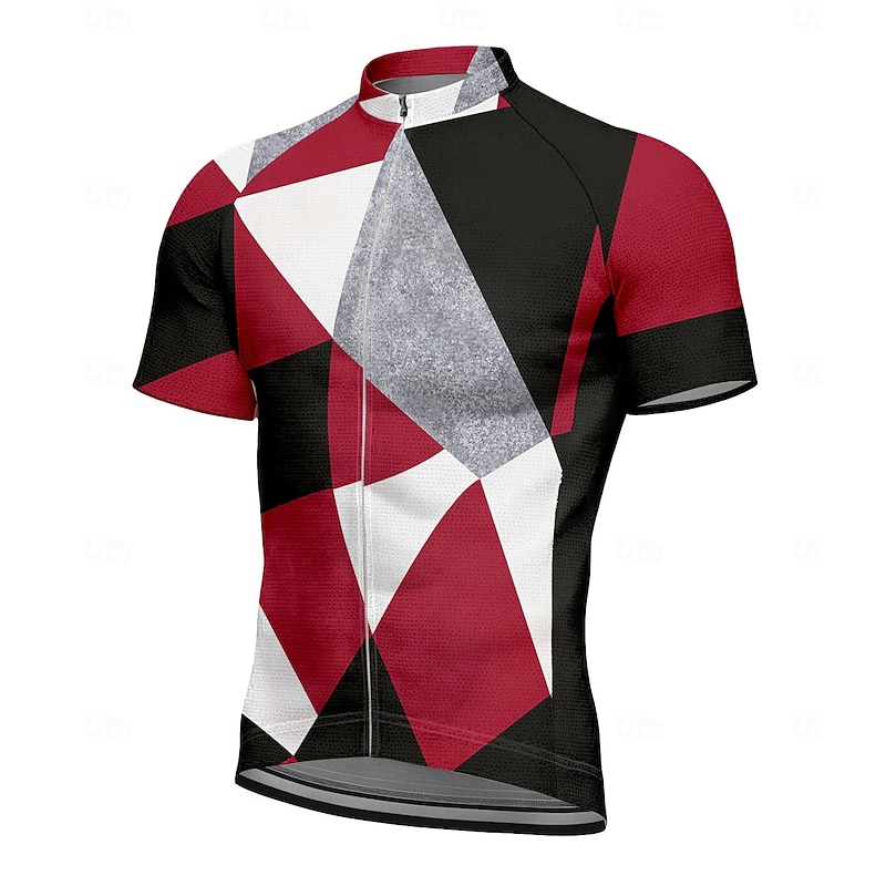 Men's Cycling Jersey Graphic Geometric Short Sleeve Bike Tee Tshirt Jersey Top with 3 Rear Pockets UV Resistant Quick Dry Front Zipper Reflective Strips Sports Red Clothing Apparel