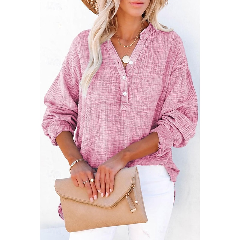 Women's Shirt Linen-Inspired Shirts Blouse Plain Basic Modern Long Sleeve V Neck Regular Tops Daily Holiday Going out Buttons Light Green Pink Light Blue Summer4