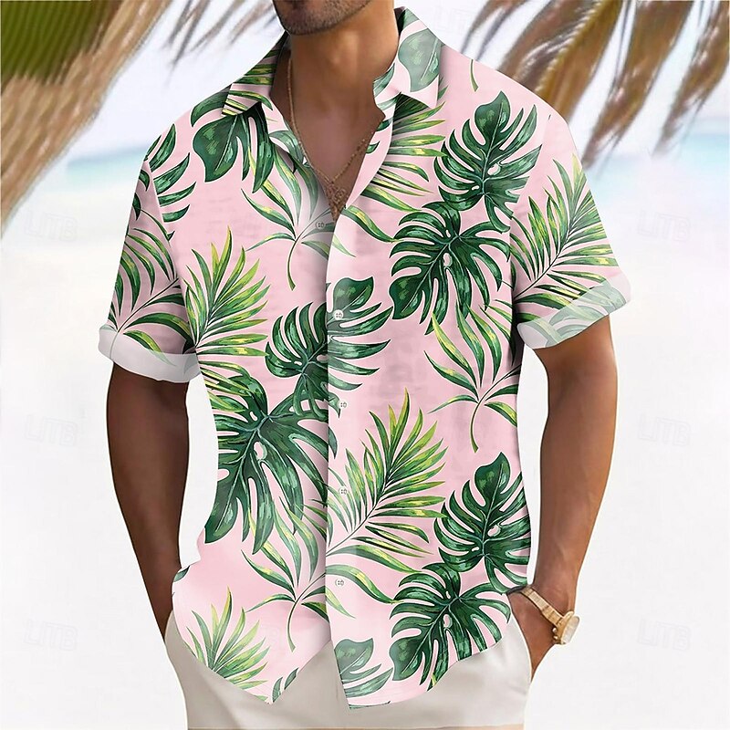 Men's Palm Leaf Tropical Plants Shirt Summer Hawaiian Shirt Button Up Shirt Short Sleeve Hawaiian Vacation Holiday Beach Wear Summer Spring Turndown 3D Print Collared Shirts Pink Dark Blue
