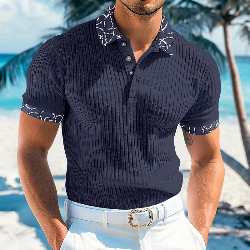 Men's Rib Knit Top Muscle Shirt Work Casual Lapel Ribbed Polo Collar Short Sleeve Basic Modern Color Block Buttons Knitted Summer Spring & Summer Slim Fit White Burgundy Navy Blue Light Blue Gray Rib