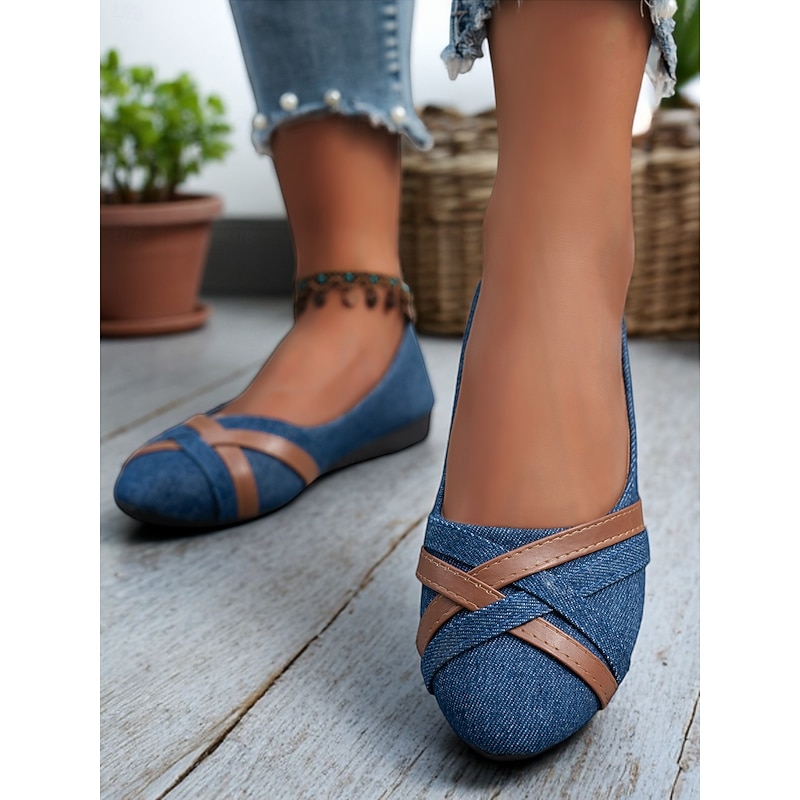 Women's Dark Blue Denim and Faux Leather Crisscross Flats – Vintage-Inspired Casual Ballerina Shoes for Daily Wear & Weekend Styling4