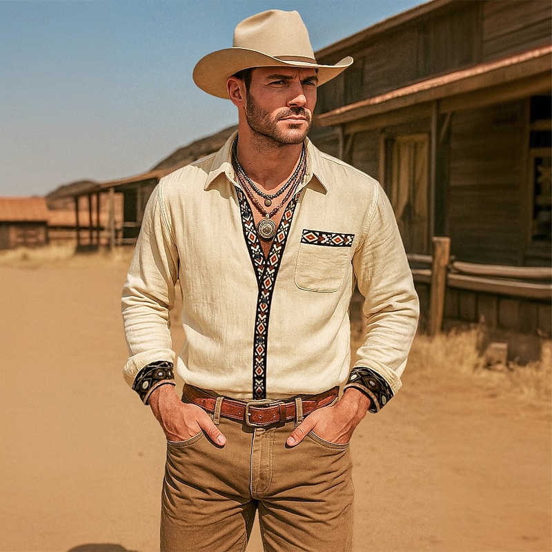 Men's Shirt Summer Shirt Beach Shirt Western Shirt Retro Shirts Vintage Shirt Solid Color Vacation Casual Khaki Long Sleeve All Seasons Clothing Apparel Patchwork