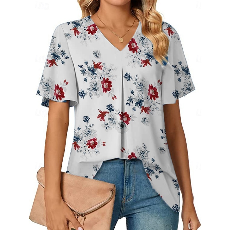 Women's Blouse Summer Tops Floral Stylish Casual Short Sleeve V Neck Regular Tops Daily Print White Blue Gray Light Blue Summer Spring