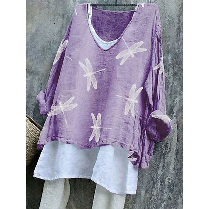 Women's Blouse Graphic Dragonfly Stylish Casual 3/4 Length Sleeve V Neck Regular Tops Daily Pink Blue Purple Green Summer Spring2