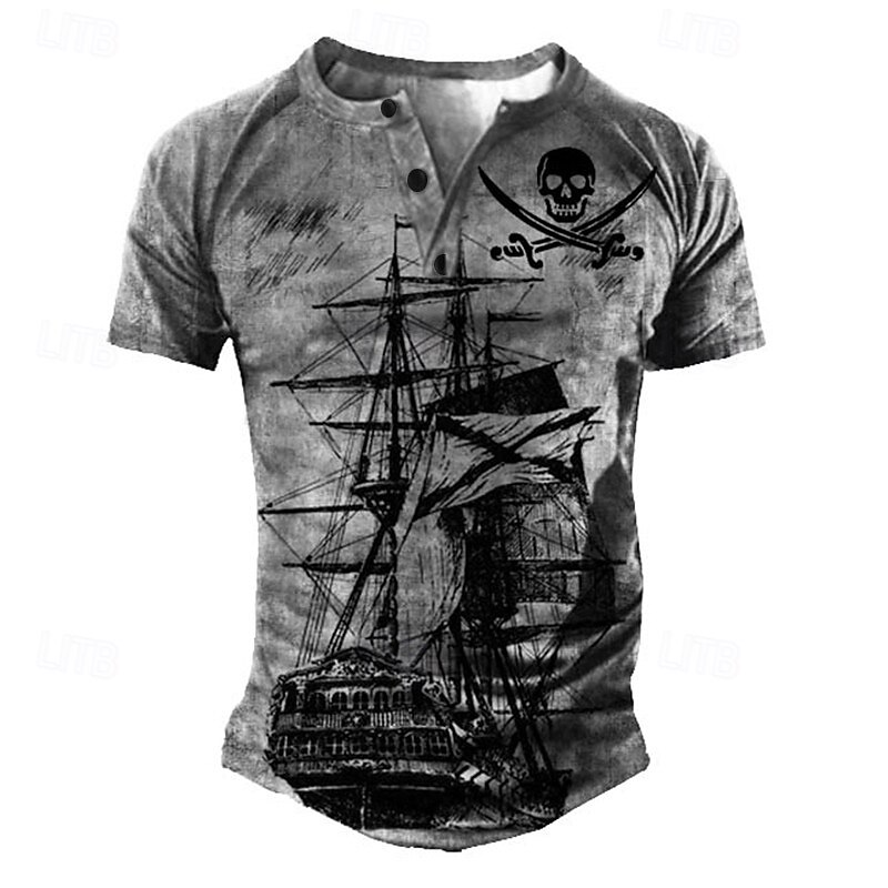 Men's T shirt Tee Henley Shirt Tee Graphic Skull Henley Yellow Blue Green Dark Gray 3D Print Sailboat Plus Size Outdoor Daily Patchwork Button-Down Clothing Apparel Designer Stylish Vintage Basic