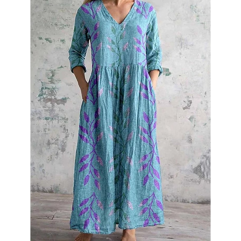 Women's Maxi Dress Sundress Vacation Casual Boho Going out Beach Loose Fit Floral Graphic 3/4 Length Sleeve V Neck White Pink Blue Light Blue-White Summer Spring