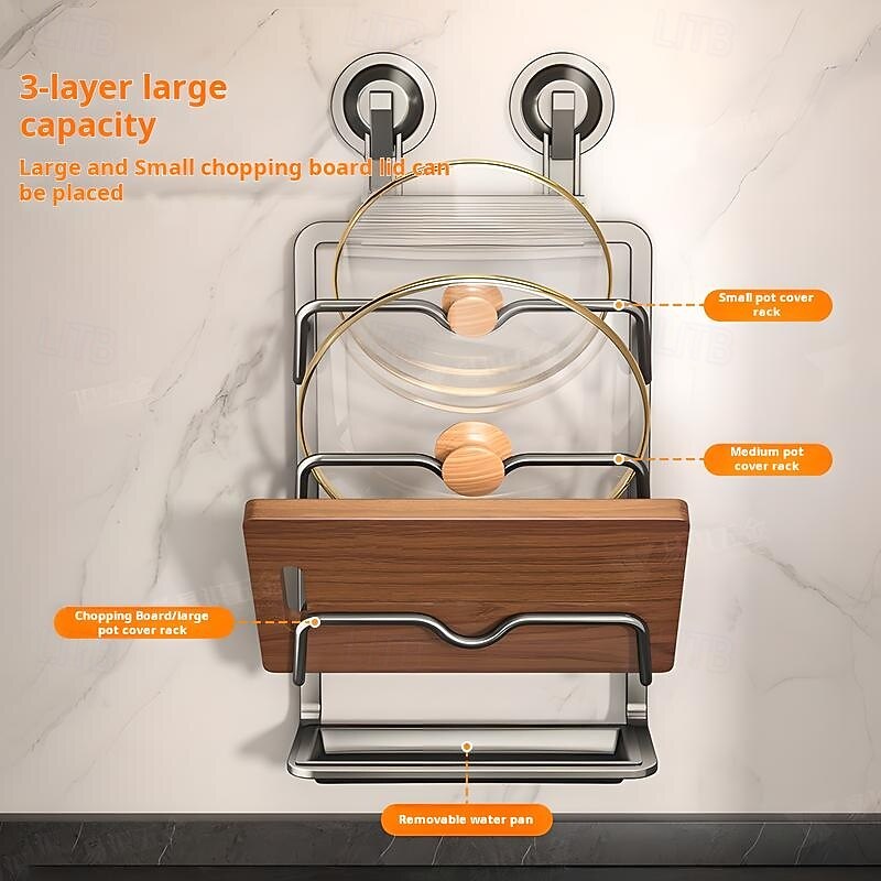 Kitchen Drain Rack Kitchen Storage Rack, Suction Cup, Wall-Mounted Cutting Board Storage Rack, Pot Lid Rack Storage Bracket Dish Rack with Drain3
