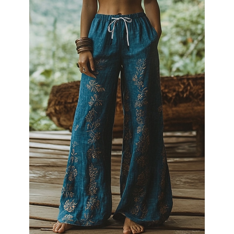 Women's Wide Leg Chinos Baggy Pants Vacation Vintage Ethnic Style Full Length High Waist Floral Graphic Printing Thermal Warm Soft Breathable Micro-elastic Vacation Street Causal Sky Blue And White