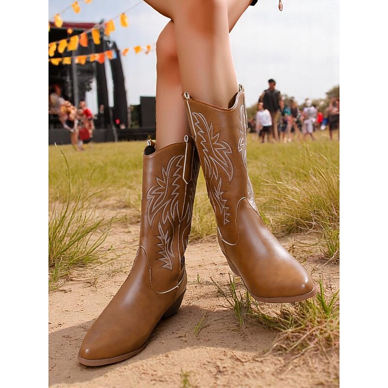 Women's Brown Bohemian Western Cowboy Boots – Classic Stitching with Block Heel for Music Festivals, Casual & Outdoor Wear3