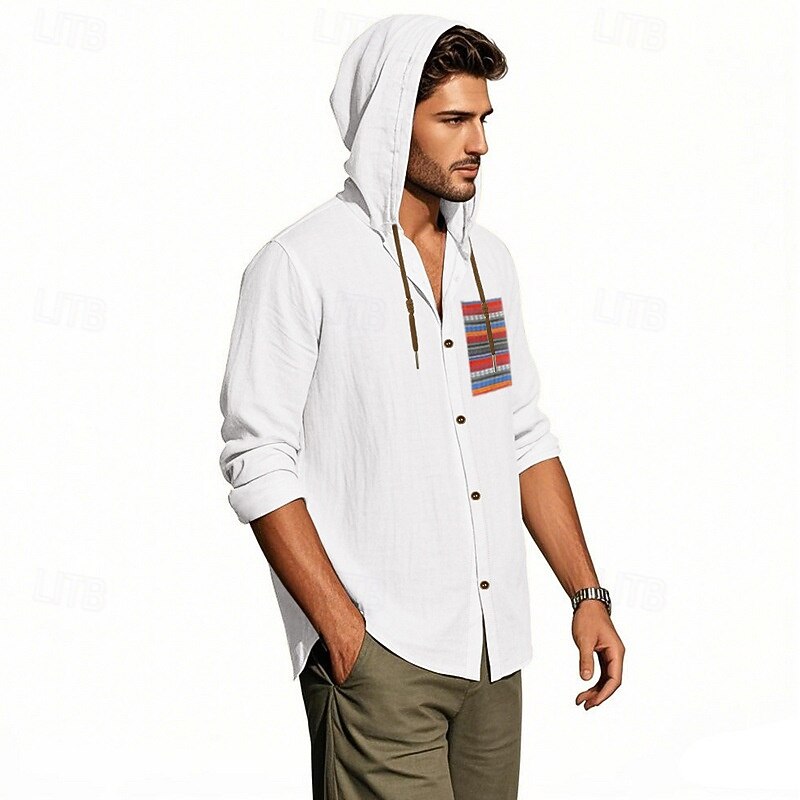 Men's Shirt Linen Shirt Summer Shirt Beach Shirt Button Up Shirt Hooded Shirt Plain Vacation Daily Wear Black White Sky Blue Khaki Long Sleeve Hooded Summer Clothing Apparel Patchwork4