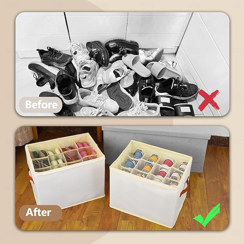 Shoe Storage Box Organiser for Closet - 12 Cell Space Saver Shoes Containers Bin with Clear Lids Stackable, Can Fit Ottoman, Foldable Shoe Rack Cabinet Cubby for Wardrobe4