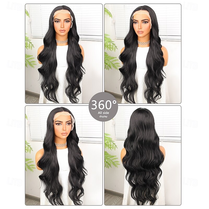 Synthetic Lace Wig Body Wave Style 30 inch Black Middle Part 13x4 Lace Front Wig Women's Wig Black2
