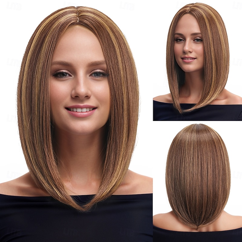 Synthetic Wig kinky Straight Natural Straight Middle Part Deep Parting Machine Made Wig 16 inch A1 Synthetic Hair Women's Classic Comfortable Color Gradient Blonde
