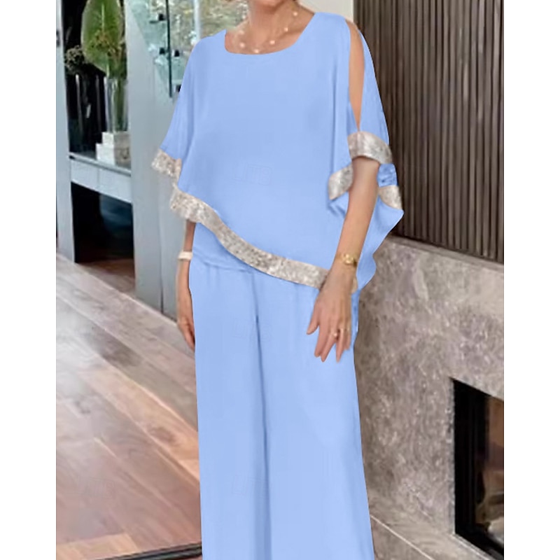 Two Piece Pantsuit Mother of the Bride Dress Elegant Vintage Simple Scoop Neck Floor Length Chiffon Half Sleeve with Sequin