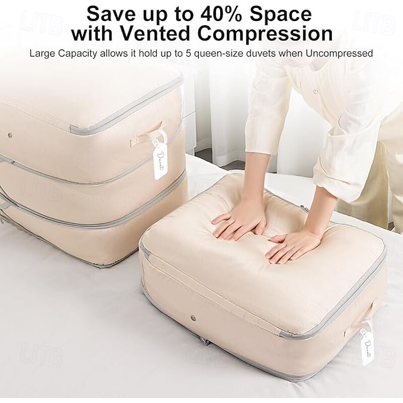 2 Pack Comforter Storage Bag - Large Capacity Blanket Storage Bags 3-Layer Ultra Space Saving Self Compression Organizer Washable Compression Bags for Storage Comforter Blanket 2-Pack Beige2