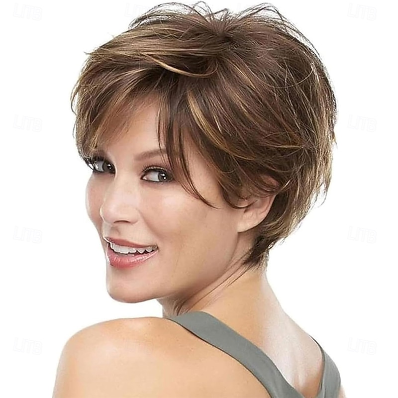 Short Hair Wigs for Women Brown Pixie Bob Wig Pixie Cut Wig for Women Synthetic Hair Wigs with Bangs Daily or Cosplay