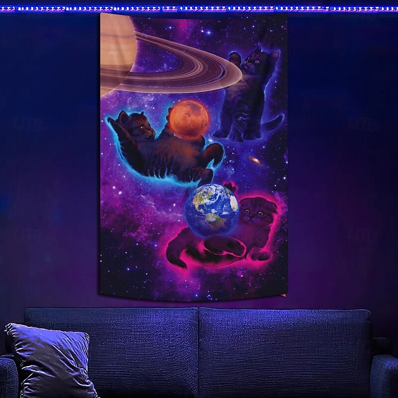 "Cosmic Kittens" by Vincent Hie Blacklight Tapestry Glow in the Dark Glow Party UV Reactive Trippy Misty Hanging Tapestry Wall Art Mural for Living Room Bedroom3