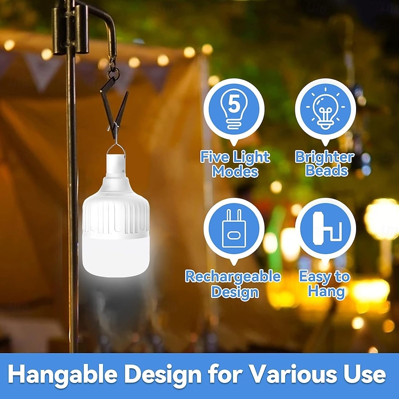 LED Emergency Light Bulb 3600mAH Battery USB Rechargeable 5 Lighting Modes Energy-Saving Lamp with  Hook for Outdoor Picnic Camping Tent Night Market 200W