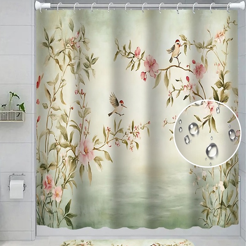 4-Piece Bathroom Set, Waterproof Polyester Shower Curtain with 12 Hooks 180cm*180cm(70