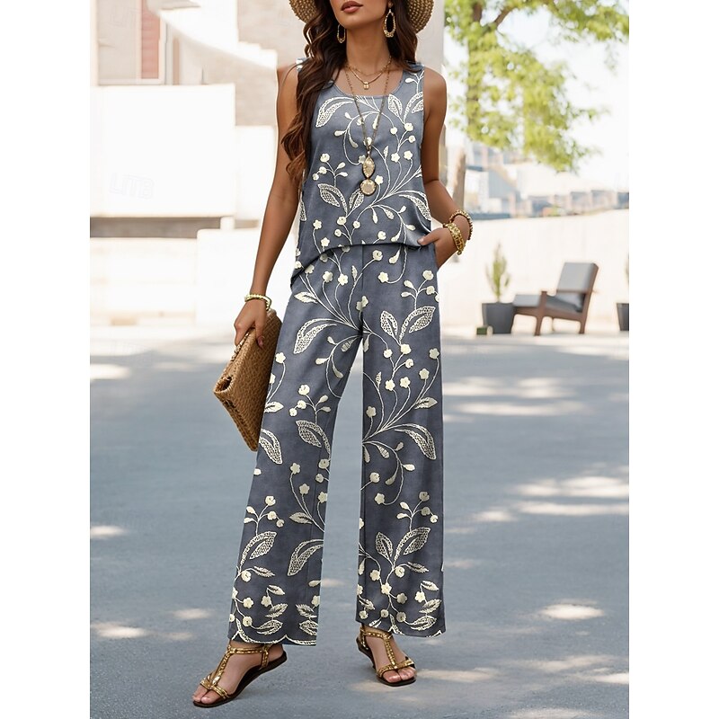 Women's Pants Sets Vacation Fashion Daily  Sleeveless U Neck Floral Graphic Geometric Casual Daily Weekend Light Green Red Dusty Blue Summer Regular Fit4