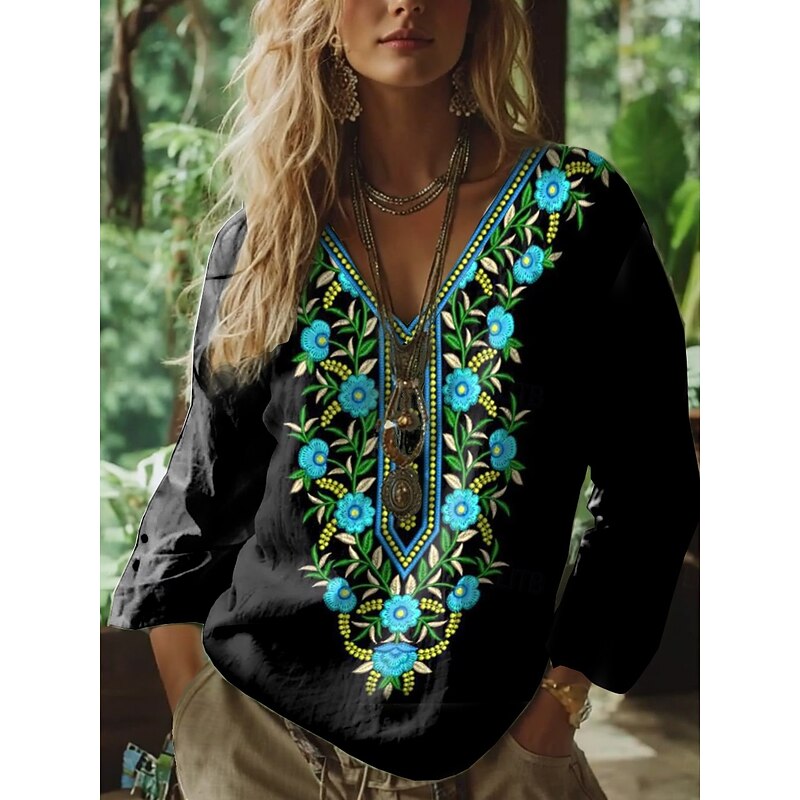 Women's Boho Blouse Floral Graphic Paisley Bohemia Vintage Tropical 3/4 Length Sleeve V Neck Regular Tops White Pink Green Summer Spring2