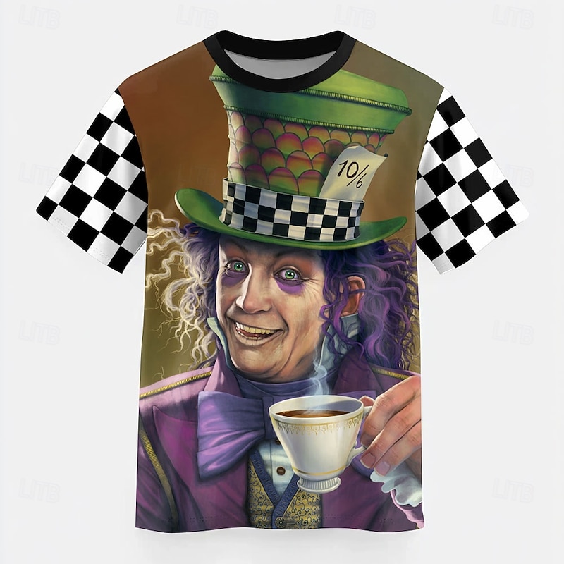 Mad Hatter Alice in Wonderland Men's Graphic T-Shirt - Checkered Short Sleeve Tee with 10/6 Print
