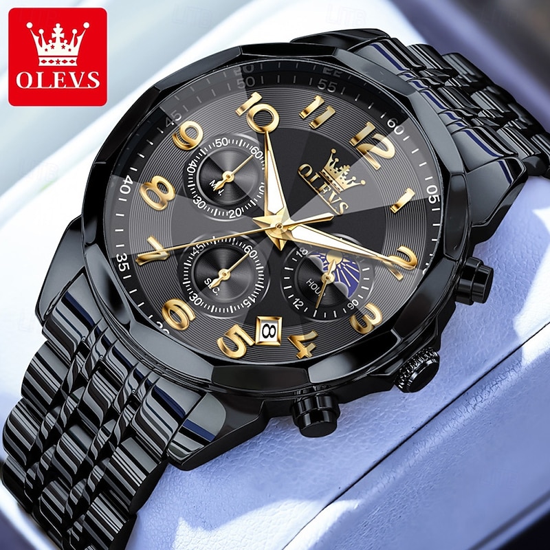 OLEVS 3676 Men's Business Quartz Watch, Stainless Steel, Waterproof, Moon Phase, Elegant Brand Timepiece2