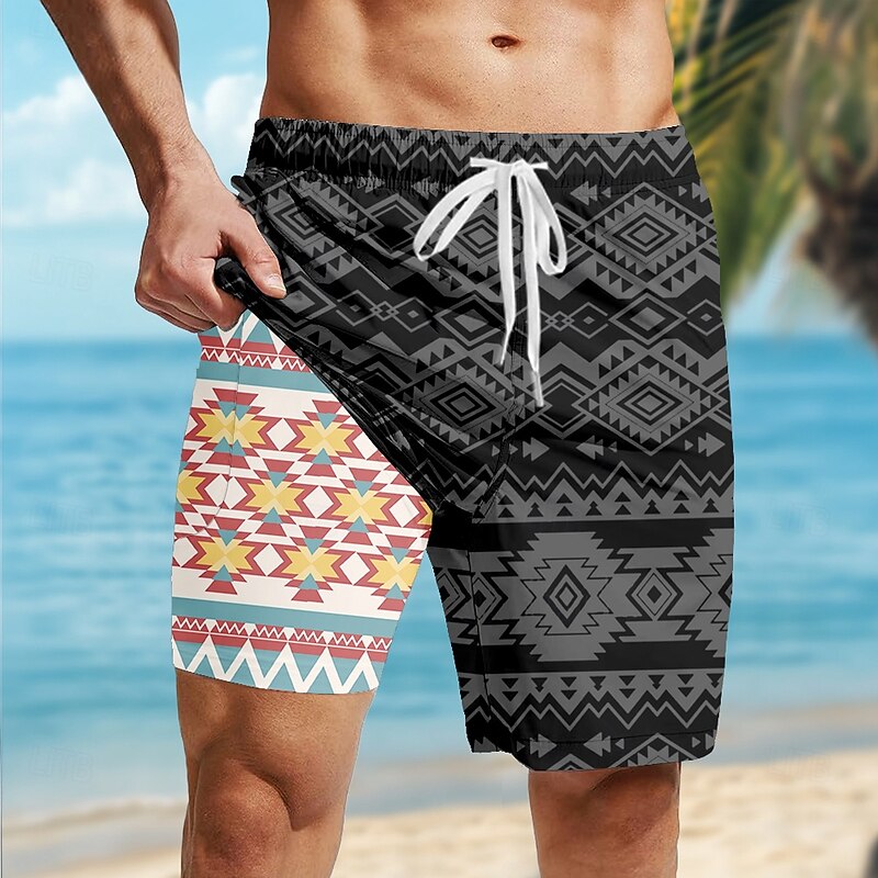 Men's Aztec Ethnic Lined Shorts 2 in 1 Board Shorts Swim Shorts Mid Waist Hawaiian Retro Vintage Holiday Beach Wear Side Pockets With Compression Liner Elastic Drawstring Waist Designer Clothing2
