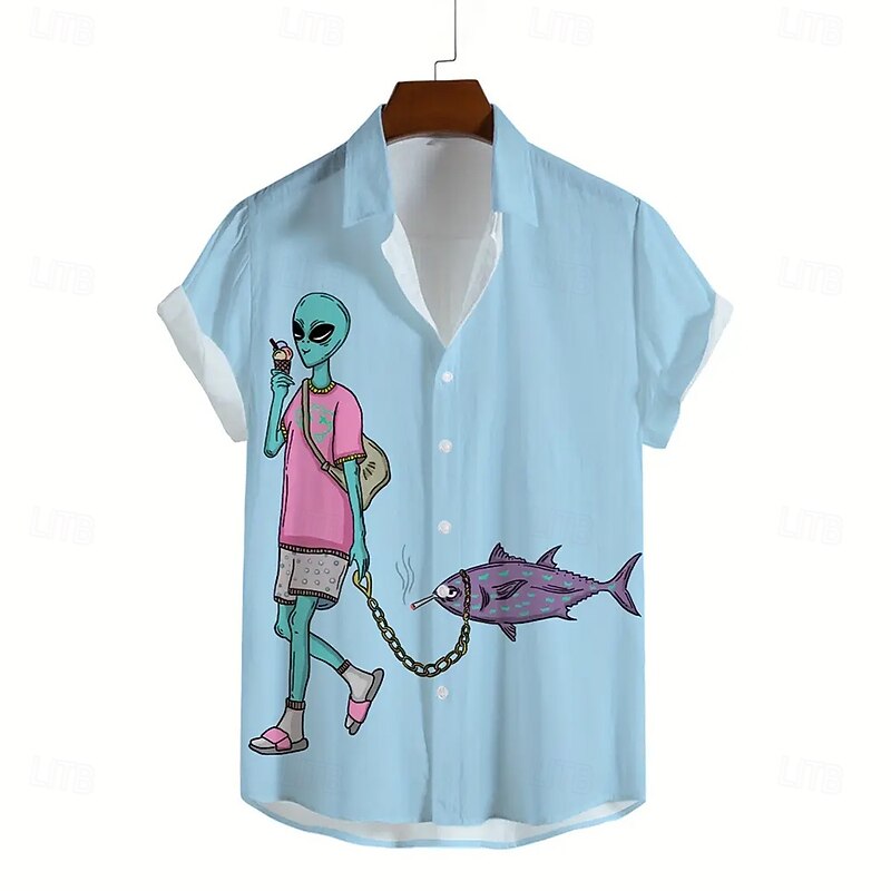 Men's Novelty Fish Alien Shirt Summer Hawaiian Shirt Button Up Shirt Short Sleeve Hawaiian Vacation Holiday Beach Wear Summer Spring Turndown 3D Print Collared Shirts Blue2