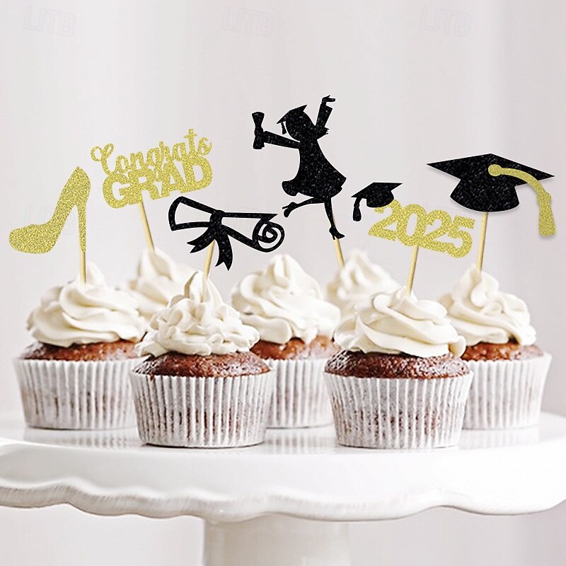 24 Pieces 2025 Graduation Cupcake Toppers 48 PCS Food/Appetizer Picks For Graduation Party Mini Cake Decorations Diploma 2025 Grad Cap Set 24 Pieces