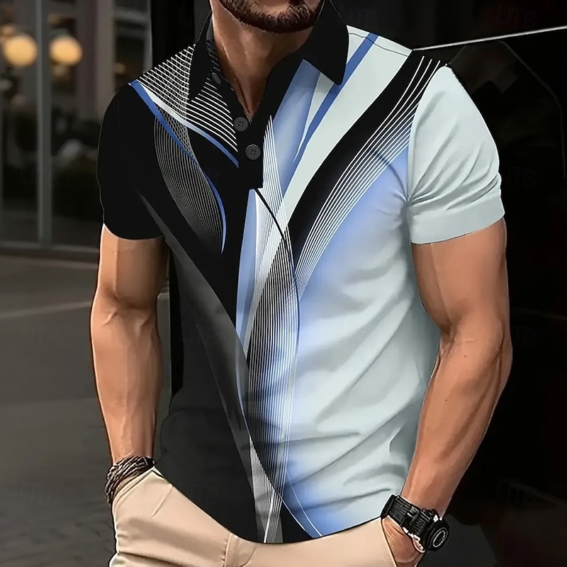 Men's Geometric Line Polo Short Sleeve Polo Shirts Collared Shirts Business Casual School Outdoor Daily Wear 3D Print Summer White Blue Purple2