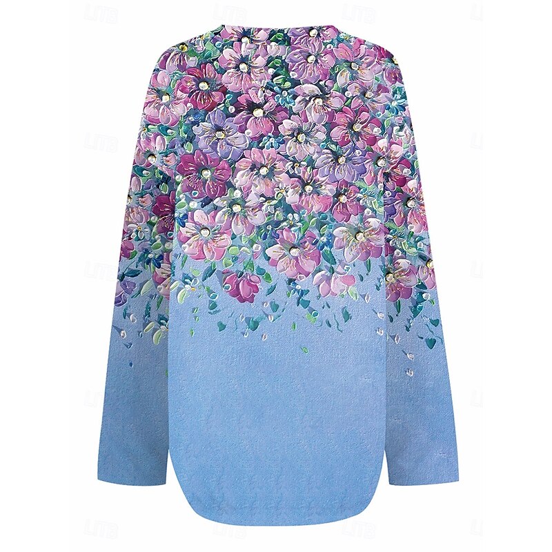 Women's Blouse Tunic V Neck Long Sleeve Boho Casual Floral Graphic Elegant Stylish Regular Tops Daily Print Blue Purple Green4